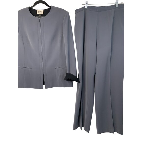Kasper Zip Relaxed 2-Piece Gray Pant Suit Size 16 Cuffable HR Wide Leg 7636 GUC - Picture 2 of 15